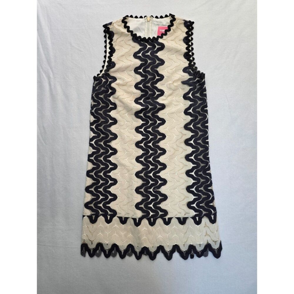 Kate Spade Shift Dress Size 2 Black Cream Wavy Lace Scallop Ric Rac Mod Mini